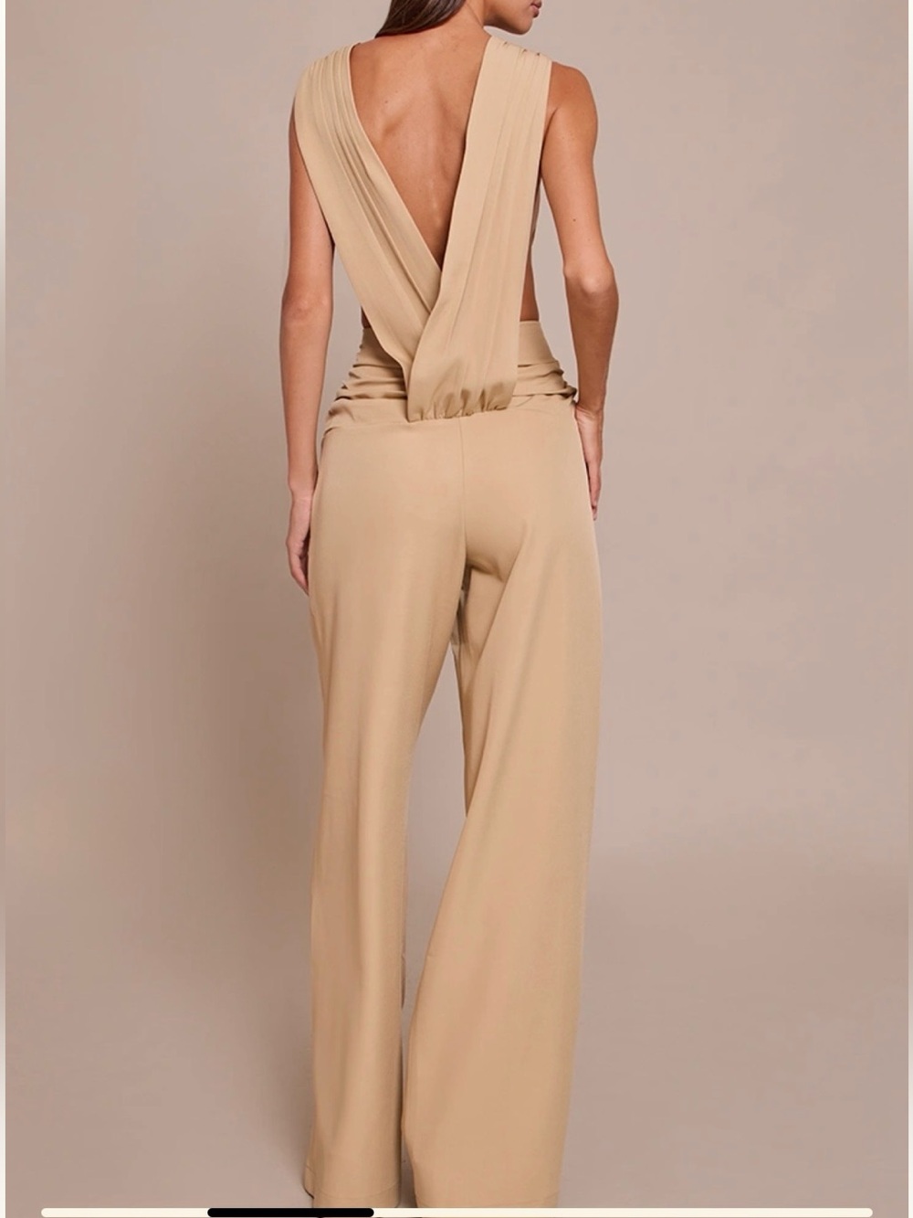 Sleeveless Deep-V Back Wide-Leg Jumpsuit in Beige